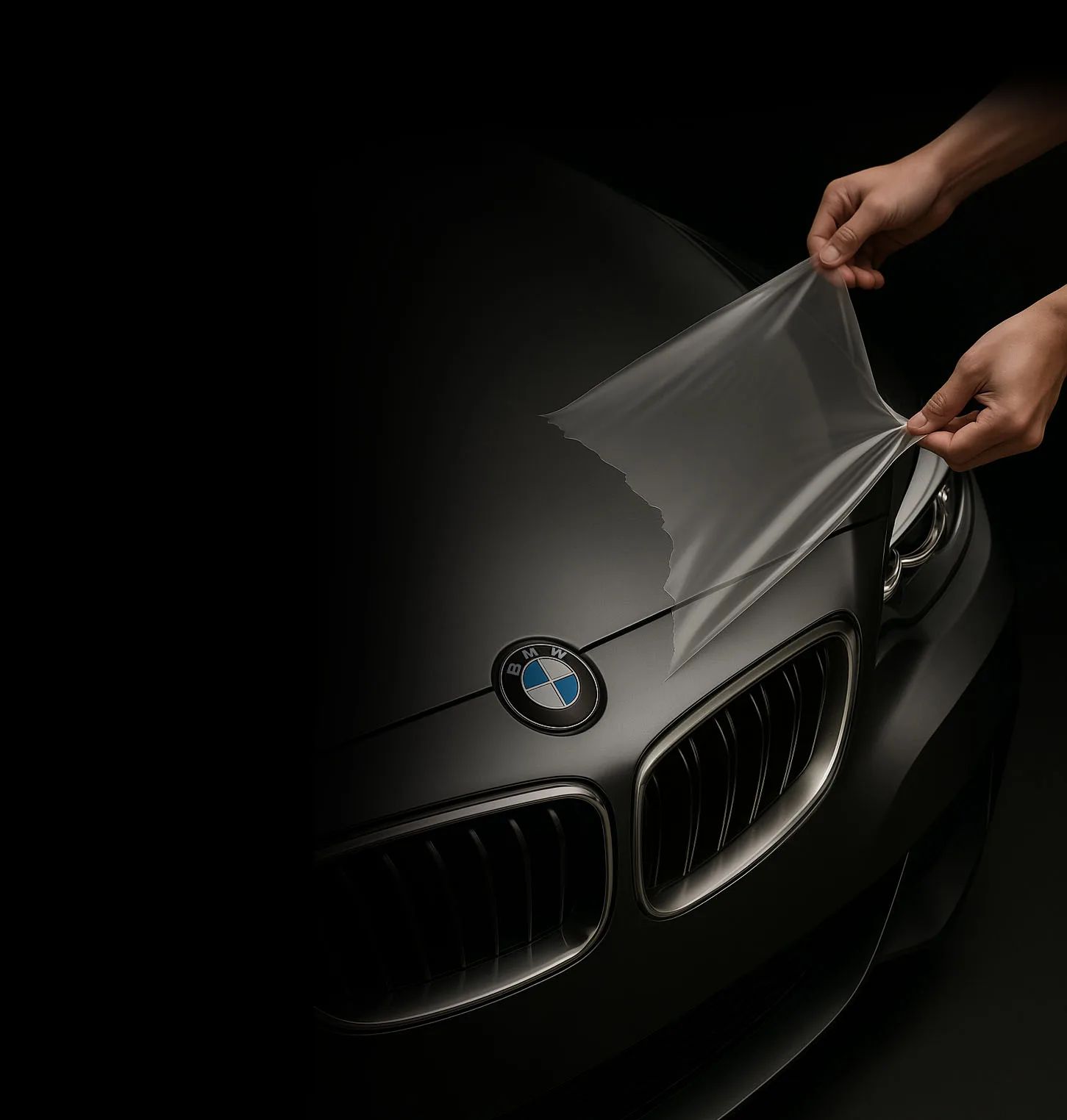 Hands stretching clear protection film over the front of a dark car