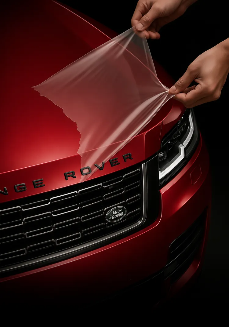 Two hands peel the protection film off the front of a red car
