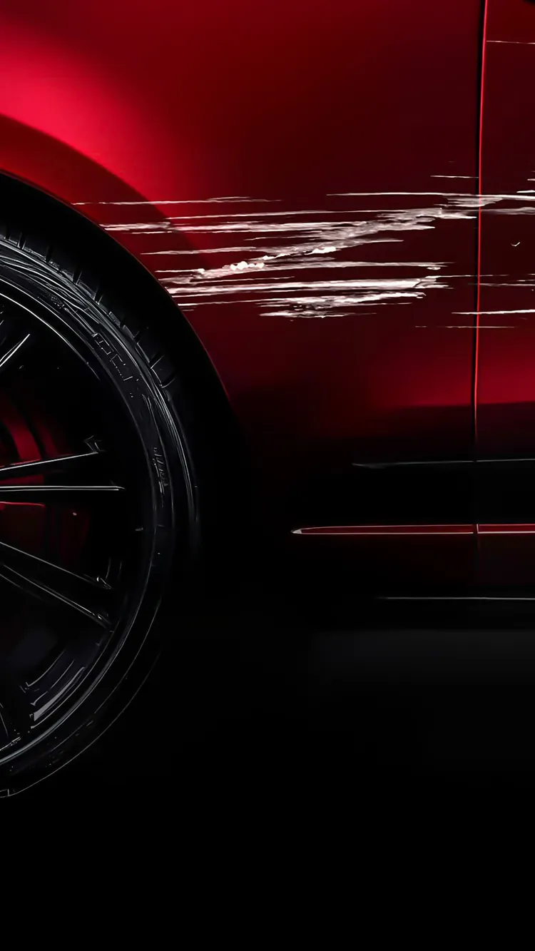 Side of a red car with scratches
